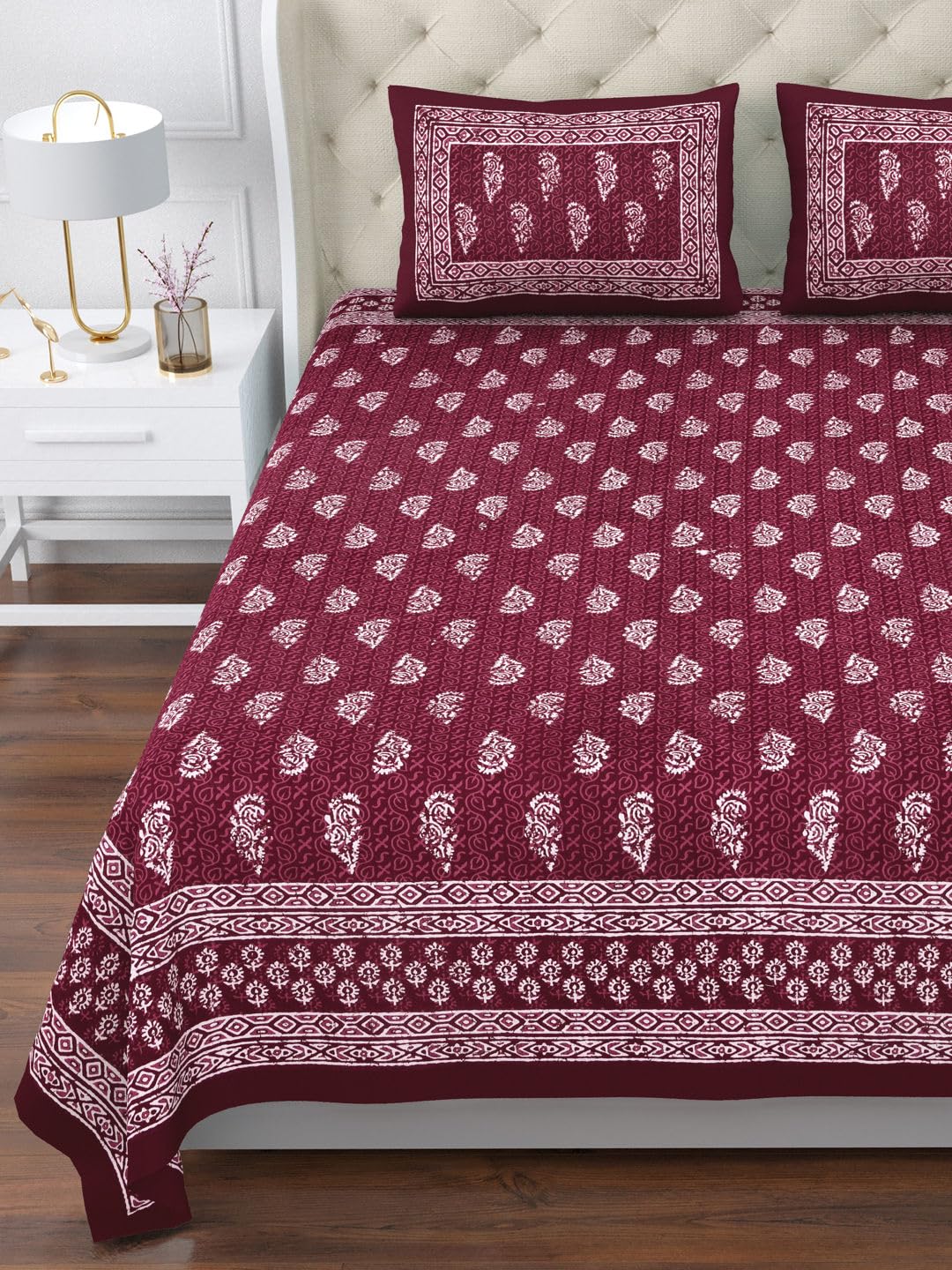 Printed Cotton Double Bedsheet For King Size With 2 Pillow Covers (95 X 108 Inches) Dark Red | 280 Thread Count - Pure Cotton Natural Fabric & Skin-Safe | Extra Soft & Wrinkle Free