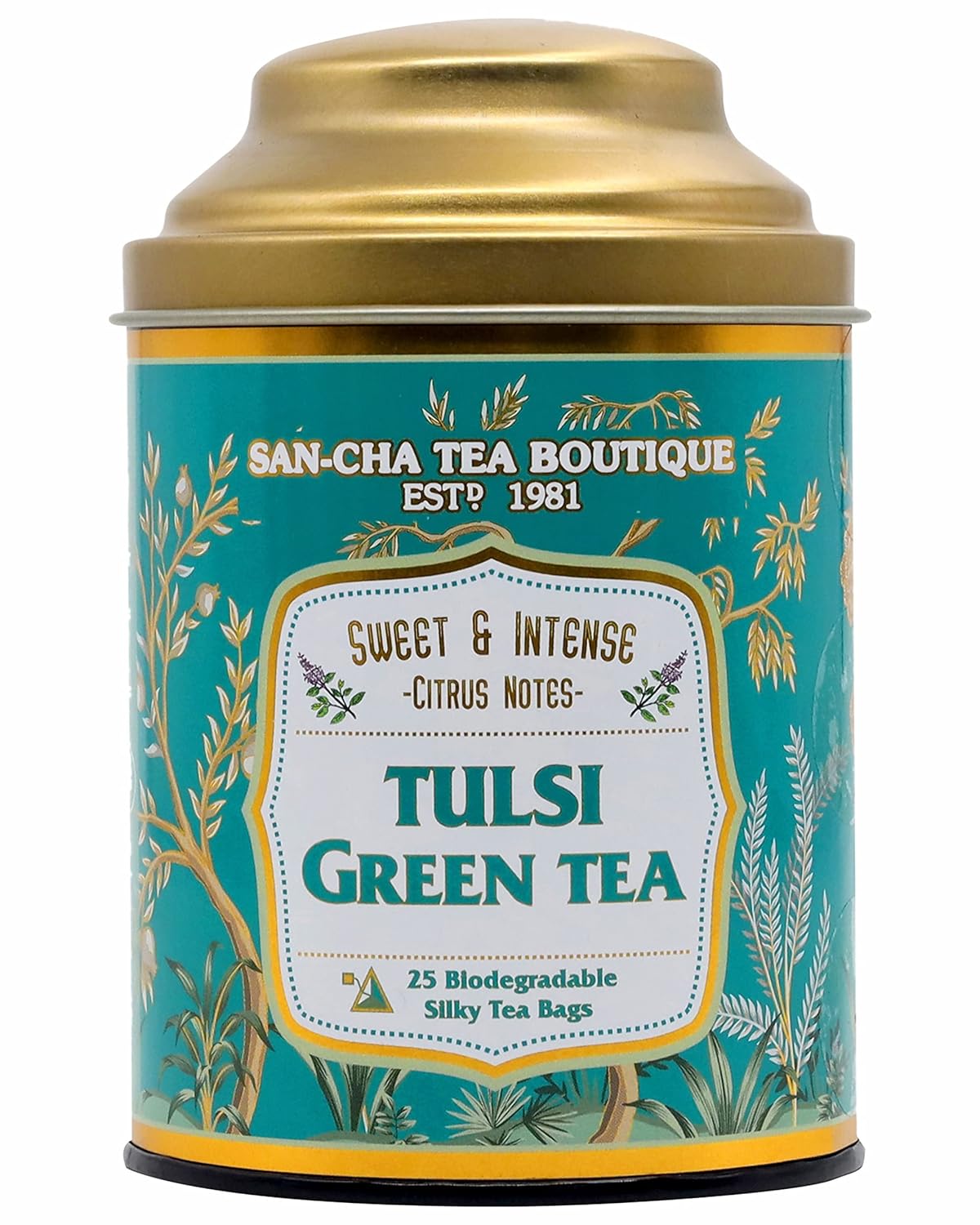 San-Cha Tulsi Green Tea - 25 Biodegradable Silky Tea Bags | Sweet & Intense Citrus Notes - Environment Friendly & Made In Corn Fiber | Low Caffeine