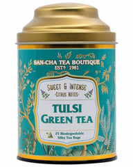 San-Cha Tulsi Green Tea - 25 Biodegradable Silky Tea Bags | Sweet & Intense Citrus Notes - Environment Friendly & Made In Corn Fiber | Low Caffeine