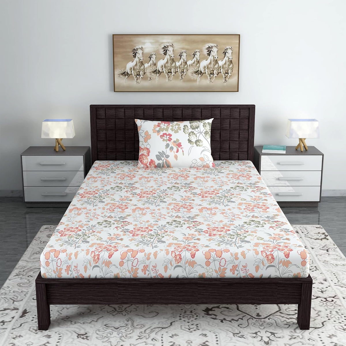 Single Bedsheet With 1 Pillow Cover - 57 X 87 Inches, White & Peach | Designer Printed Bedsheet Set - Naturally Soft, Breathable & Skin Friendly