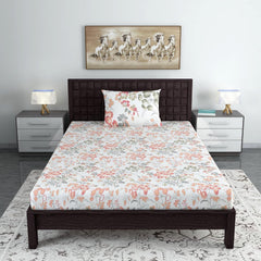 Single Bedsheet With 1 Pillow Cover - 57 X 87 Inches, White & Peach | Designer Printed Bedsheet Set - Naturally Soft, Breathable & Skin Friendly