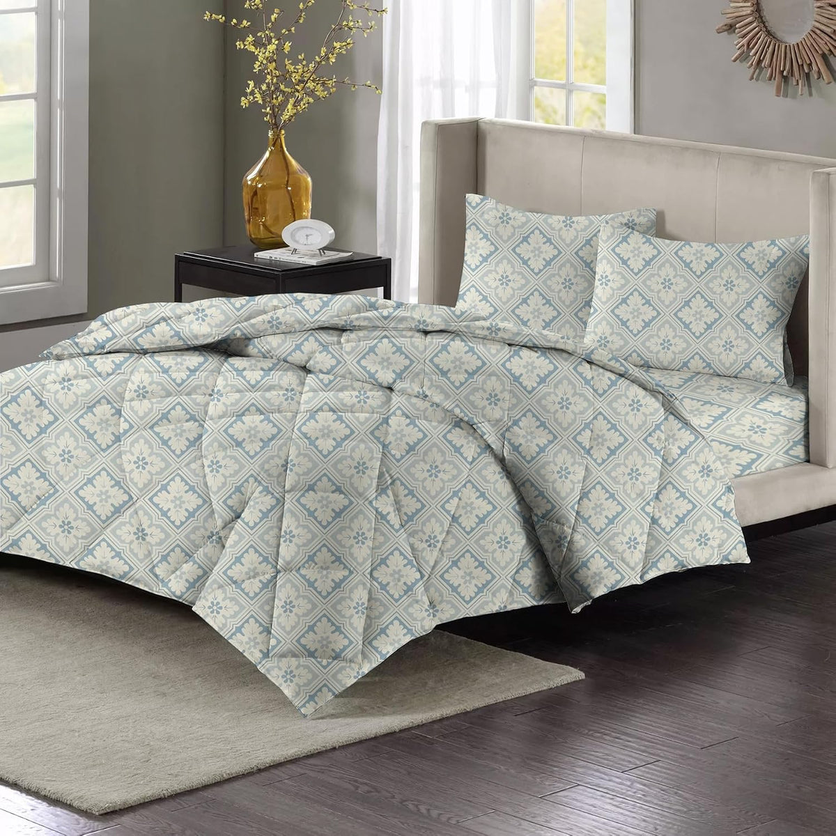 Double Bedsheet 1 Comforter 2 Pillow Covers - 90 X 100 Inches, Silver & Grey, 4 Pcs Bedding Set | Cotton Summer Ac Comforter Set King Size Double Bed