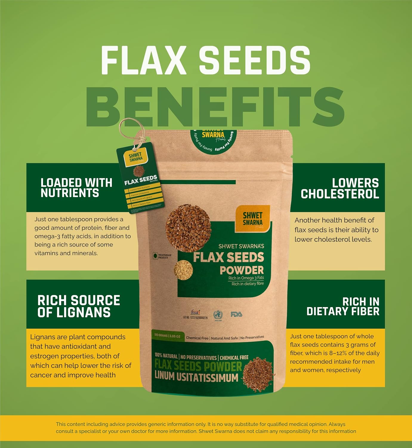 Shwet Swarna Pure Natural Flax Seeds Alsi Herbal Ayurvedic Health Supplement Product, 100% Vegetarian, Natural & Chemical Free | 100gm 0.2lbs