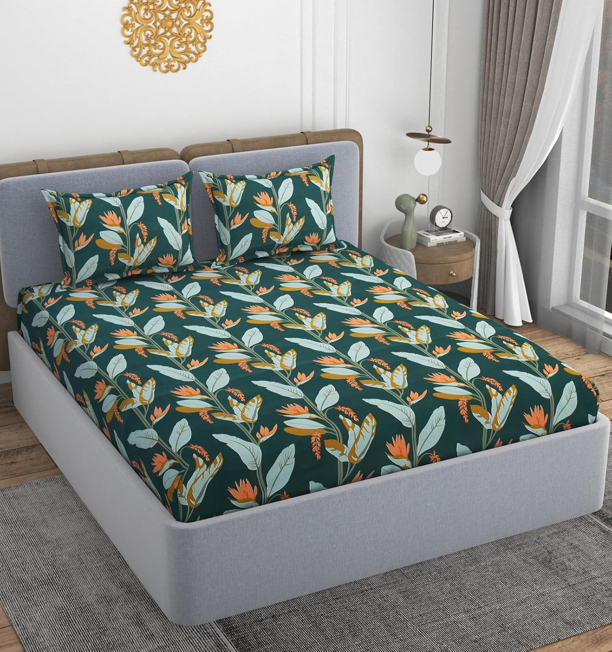 Printed Double Bedsheet With 2 Matching Pillow Covers - 72 X 78 X 10 Inches, Dark Green | All Around Elastic Fitted King Size Bedsheets | Ideal For Home, Hotel, Bedroom