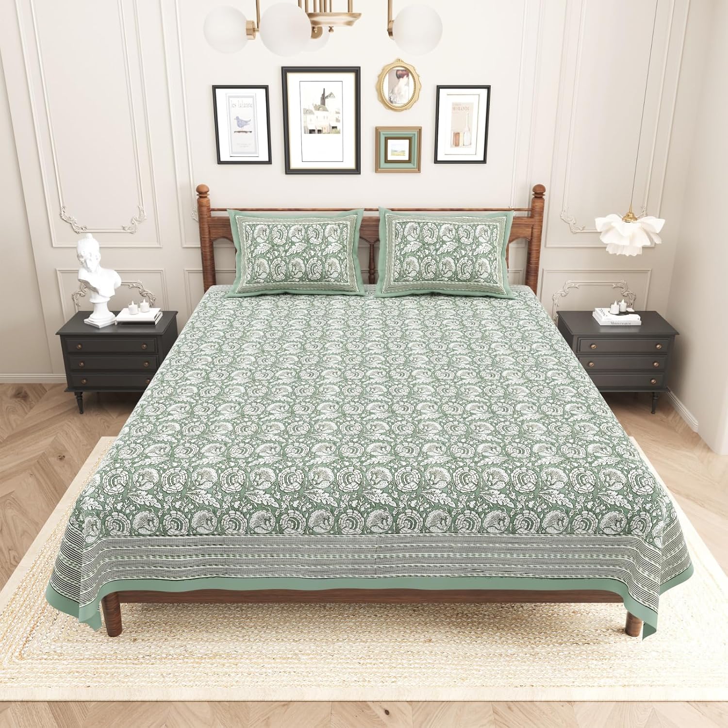 Pure Cotton King Size Bedsheet 2 Matching Pillow Covers | 100x108 Inches, White & Green | Traditional Jaipuri Printed Bedsheet | Ideal Wedding Gift, Housewarming, Special Occasion Surprise