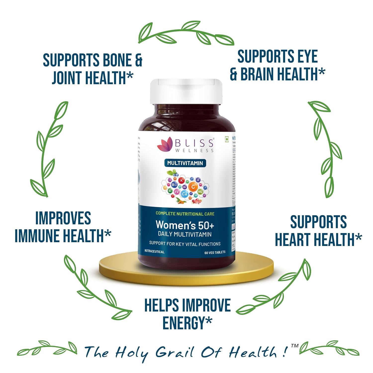 Bliss Welness Multivitamin For Women 50 Plus Age | With Calcium Magnesium Zinc & Other 33 Vitamins, Minerals For Joints, Heart, Skin, Vision & Cognitive Support | 60 Veg Tablets , 100gm 0.2lbs
