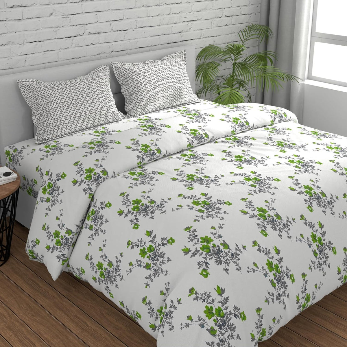 Queen Size Cotton Bedsheet With 2 Pillow Covers - 88 X 96 Inches, Green & Grey | Perfect Floral Printed Bedsheet | Soft, Breathable & Comfortable