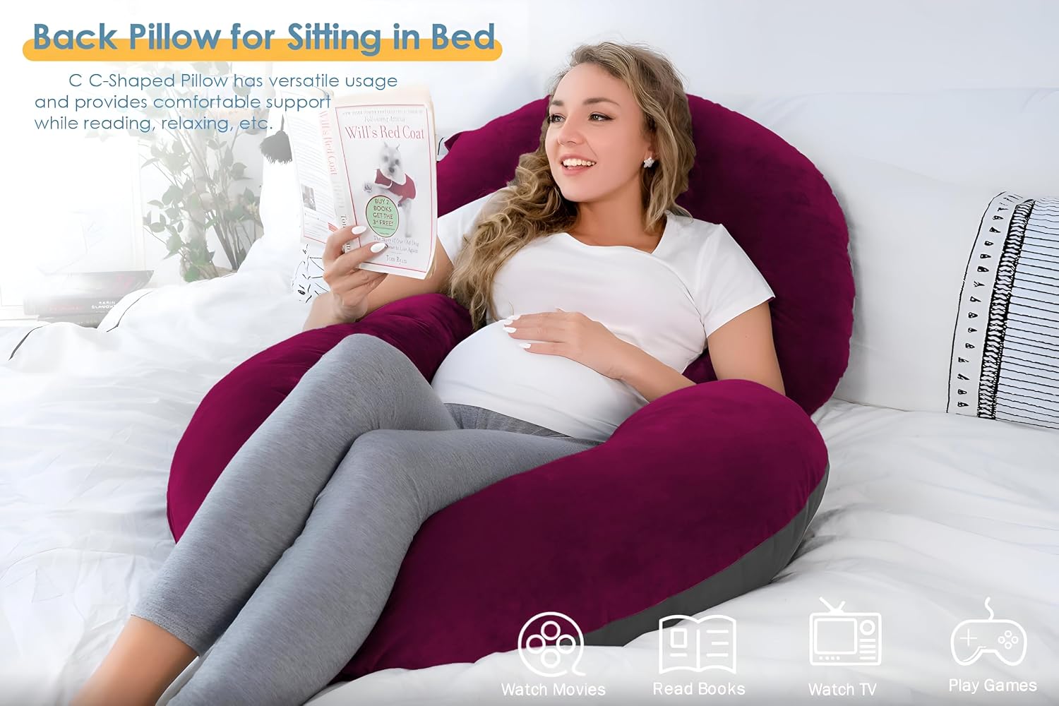 C Shaped Pillow, Pregnancy Pillow For Maternity & Baby Nursing - Wine & Grey | Pregnant Women Stomach, Spine, Neck Support, Velvet Outer Cover With Zip, Full Body Pillow, Adjustable Pillow