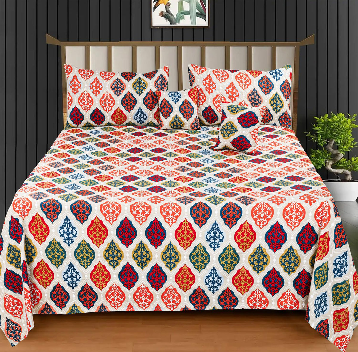 Bedding Set With 1 Pc Bedsheet, 2 Pc Cushion With Zip, 2 Pc Pillow Covers | 90 X 100 Inches, Multicolor - Traditional Jaipuri Prints Bedsheet | Wrinkle Free & Durable For Long Lasting Use