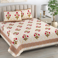 Printed Cotton Double Bedsheet For King Size With 2 Pillow Covers (95 X 108 Inches) Yellow & Red | 240 Thread Count - Pure Cotton Natural Fabric & Skin-Safe | Extra Soft & Wrinkle Free
