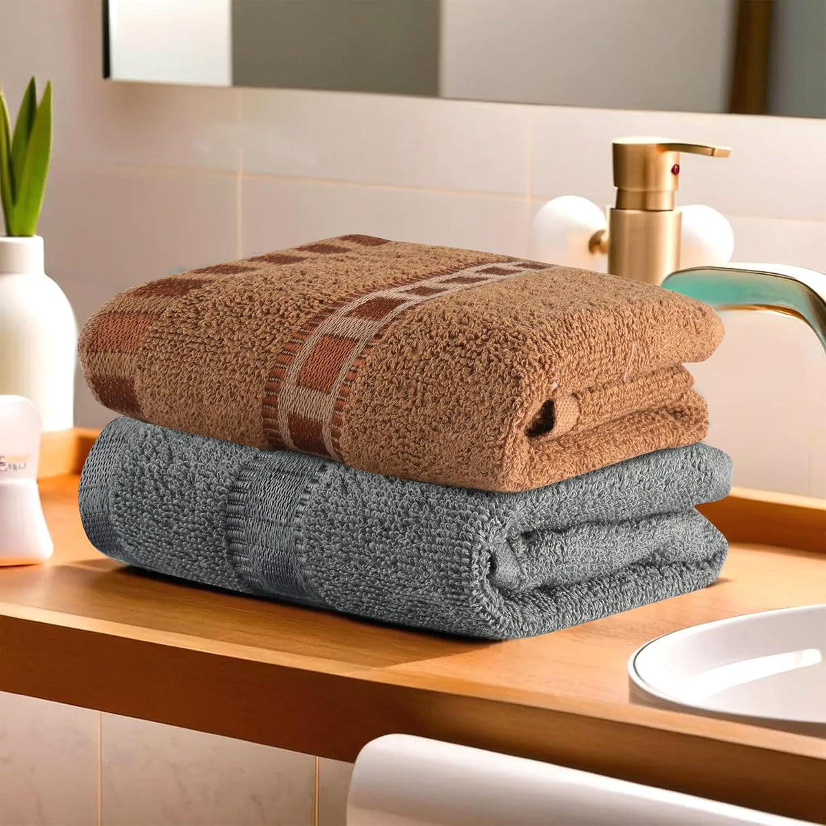 Heart Home Cotton Hand & Face Towels 400 Gsm | For Men & Women Easily Washable Workout Gym Towel - Grey & Golden (Pack Of 2)