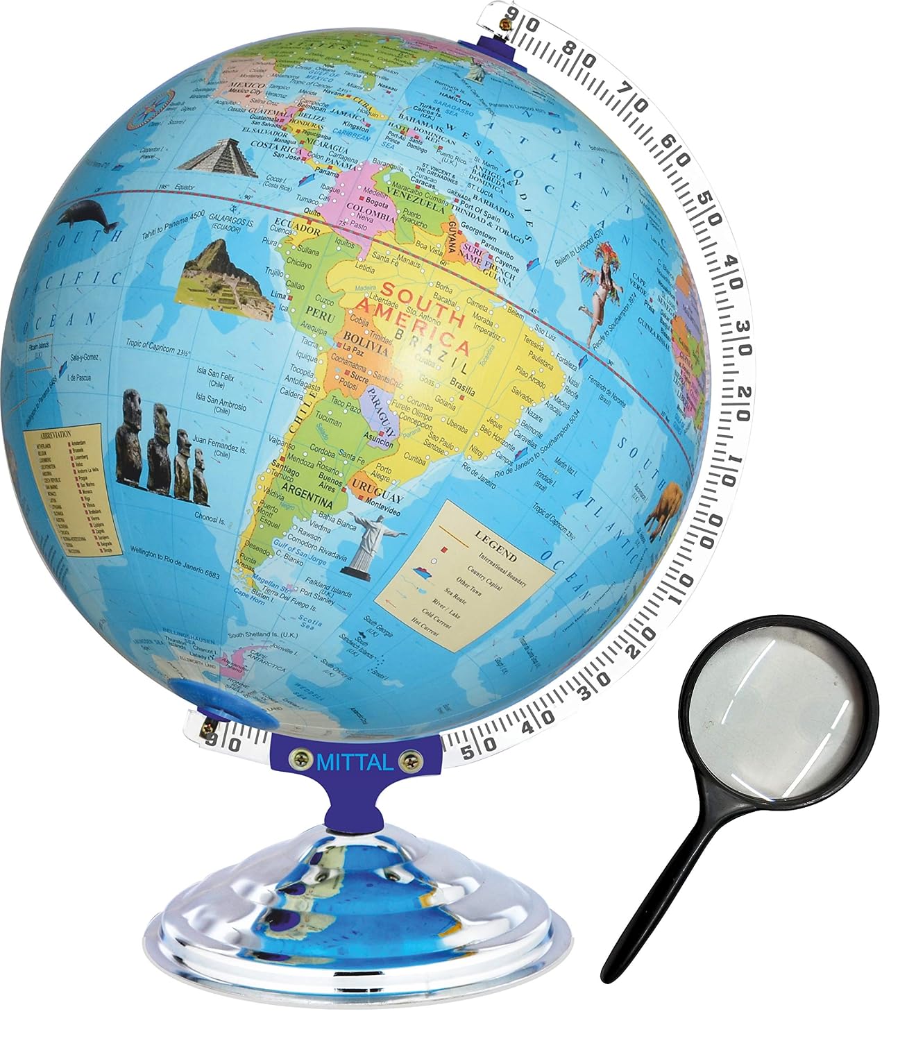 Globe 16 Inch Height, 12 Inch Diameter With Monuments Educational World Globe With 75mm Magnifying Glass Desk & Table Top Political Globe, Pack Of 1