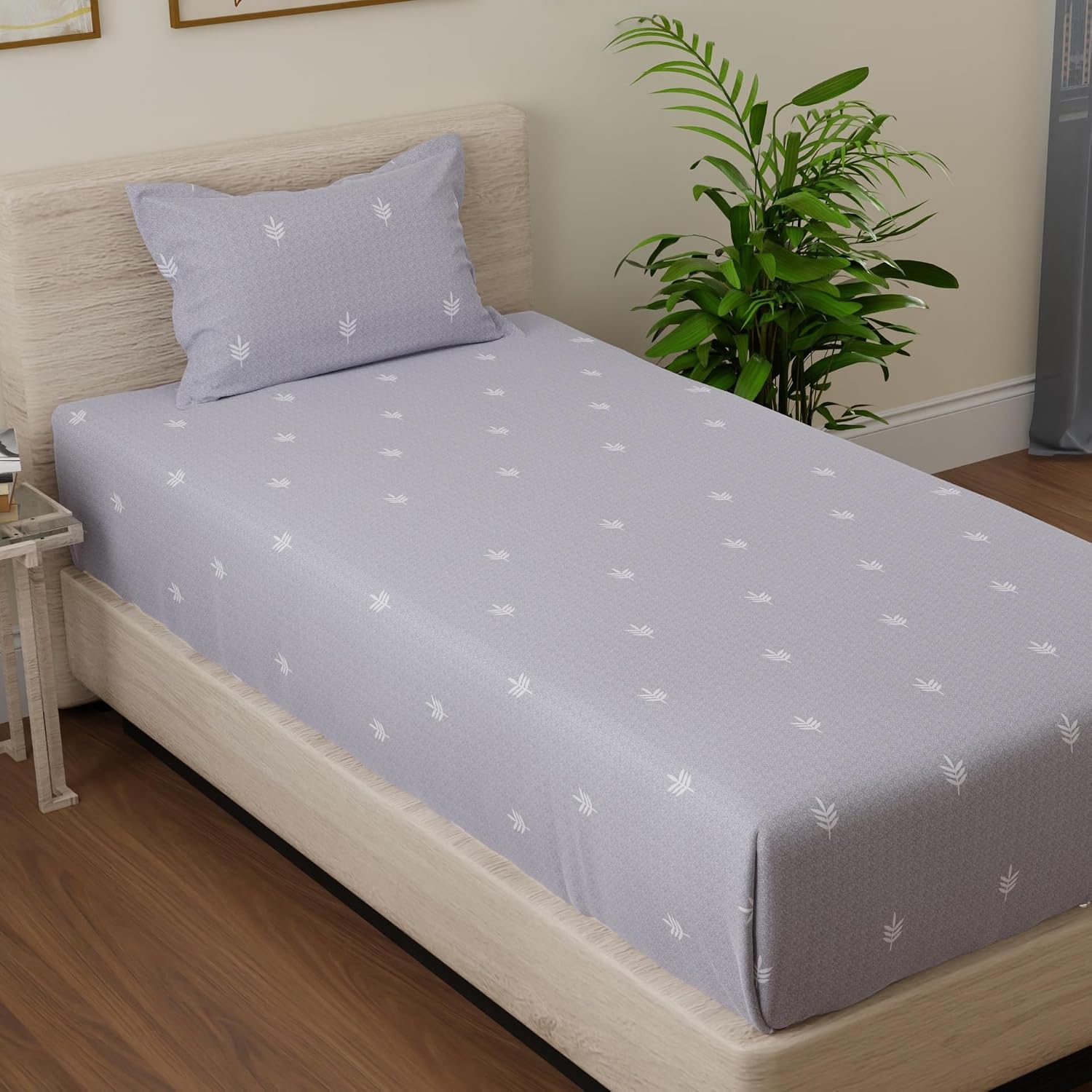 Elastic Fitted Bedsheet For Single Bed Pure Cotton With 1 Pillow Cover | 36 X 78 Inches, Seal Grey & White | Lightweight, Soft, & Comfortable