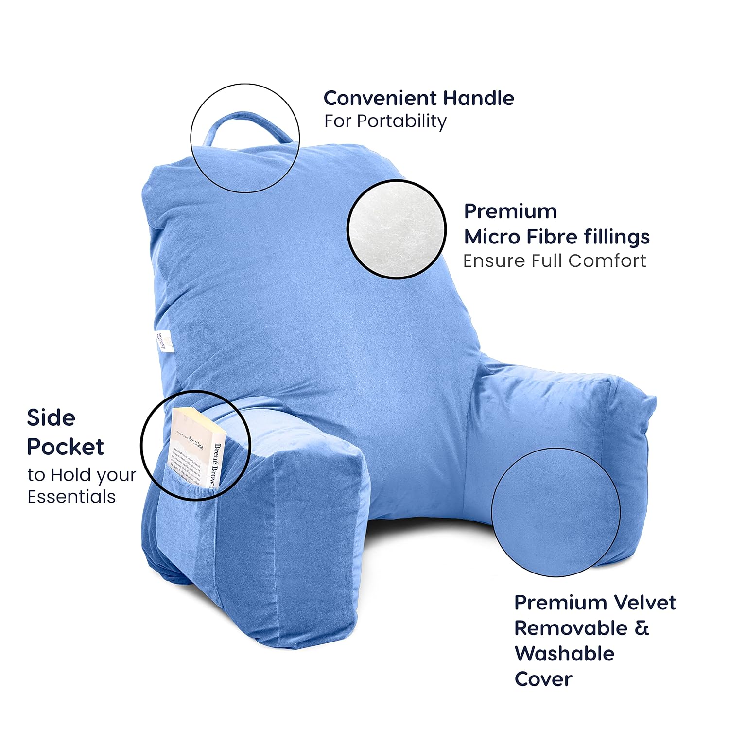 Backrest Pillow For Bed & Reading Pillow With Support Arms - Sky Blue, King Size | Comfortable Back Support For Working, Watching TV In Bed, Machine Washable, Premium Velvet Zipper Cover
