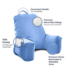 Backrest Pillow For Bed & Reading Pillow With Support Arms - Sky Blue, King Size | Comfortable Back Support For Working, Watching TV In Bed, Machine Washable, Premium Velvet Zipper Cover
