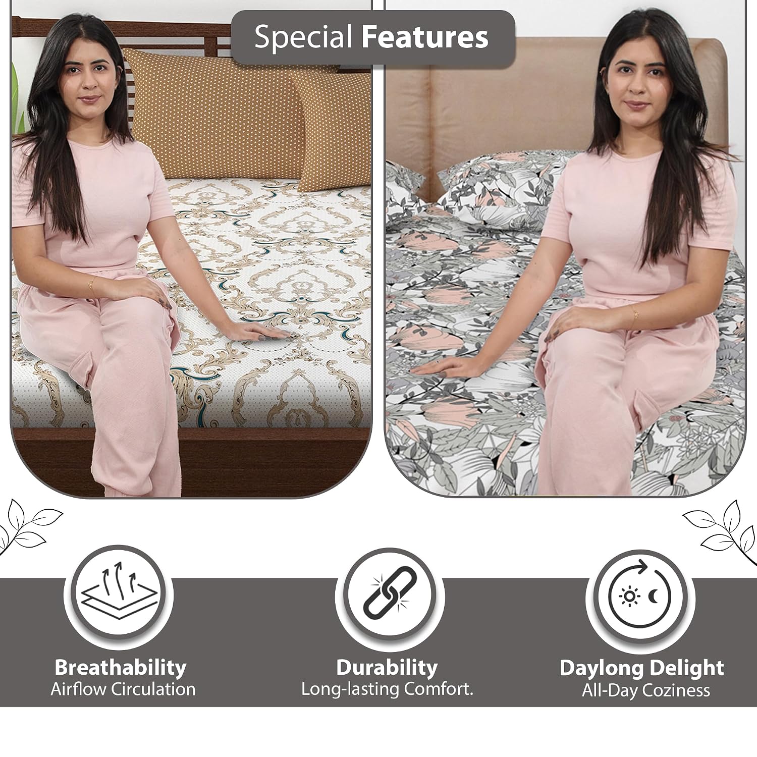 Combo 2 Single Bedsheet With 2 Pillow Cover - 57 X 87 Inches, White & Grey | 144 Thread Count Lightweight, Soft, Skin Friendly - Durable Bedsheets For Everyday Comfort