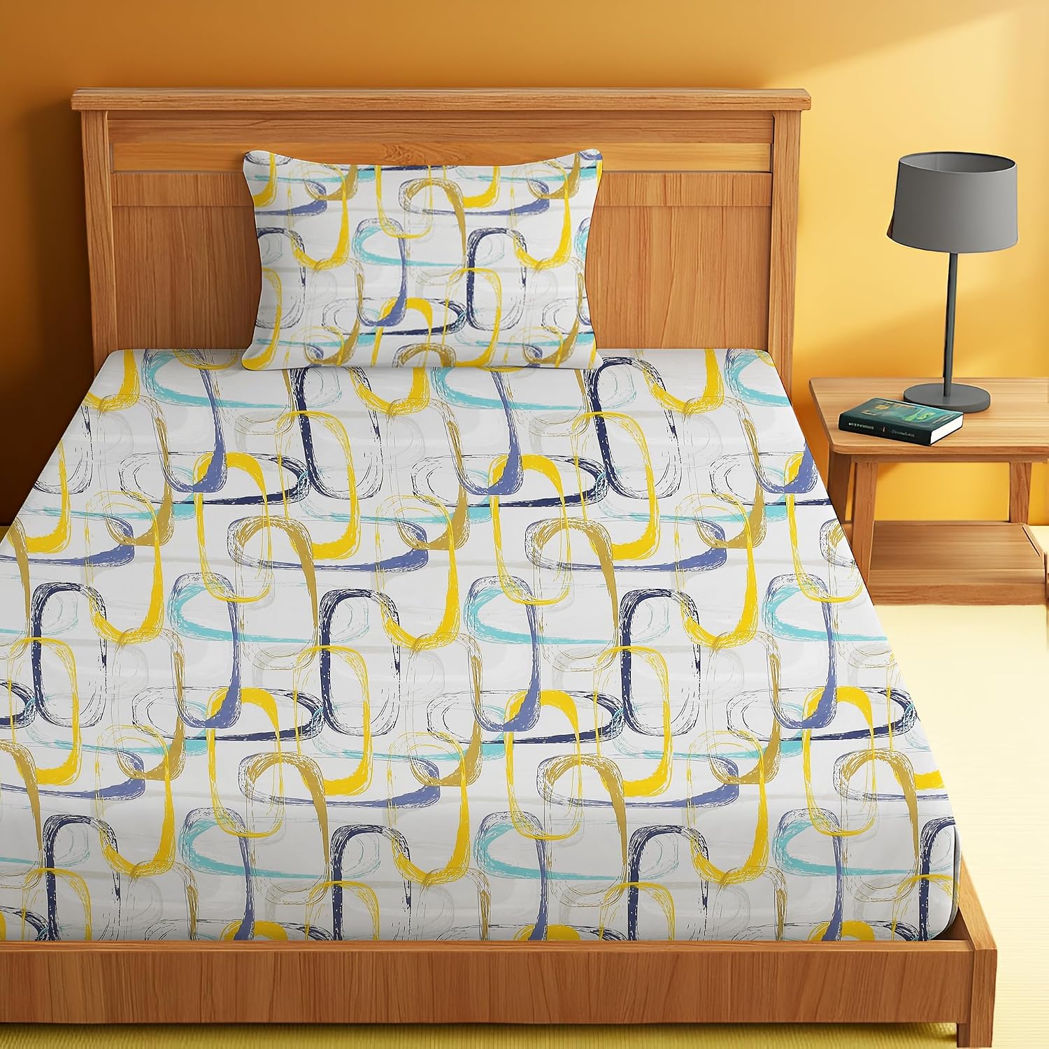 Printed Bedsheet For Single Bed With 1 Pillow Cover - 60 X 90 Inches, Grey & Yellow | Super Soft - Glace Cotton Breathable & Wrinkle Free - 2 Pcs Set