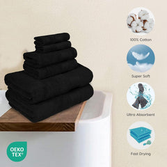 Trident Soft Comfort Air Rich Bath Towels 500 Gsm | 100% Cotton Towel, Super Soft, Highly Absorbent, 6 Pieces (Black)