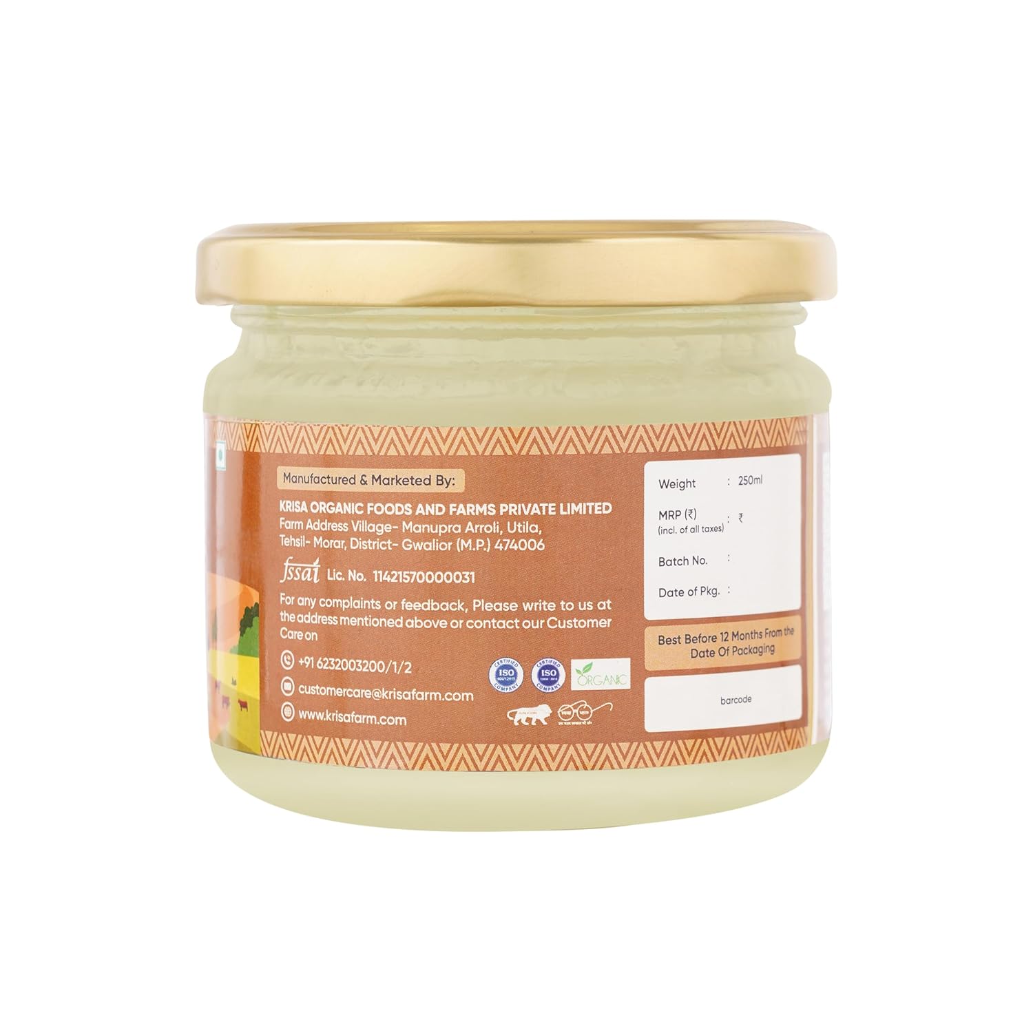 Organic Pure Buffalo Desi Ghee By Krisa Organic | Rich In Nutrients & Vitamins A, D Healthy Pure Desi Ghee Good For Frying, Baking | (250ml) 8.4 Ounce | Jar Pack