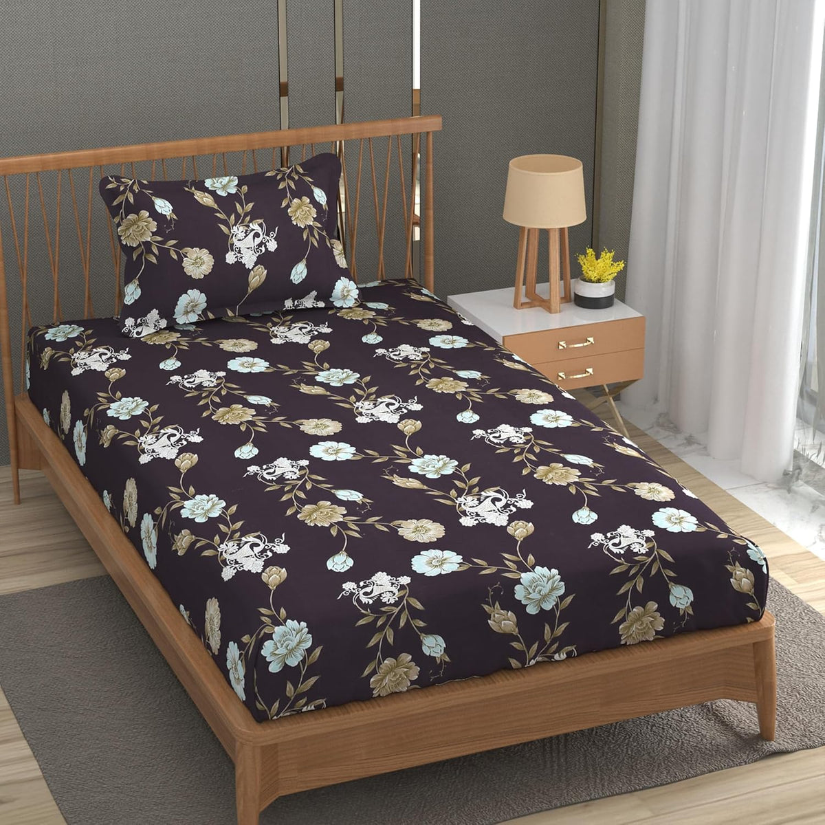 Soft Cotton Single Size Bedsheet With 1 Pillow Cover | 60 X 90 Inches, Ship Grey | Anti-Fade Printed Design | 200 Thread Count