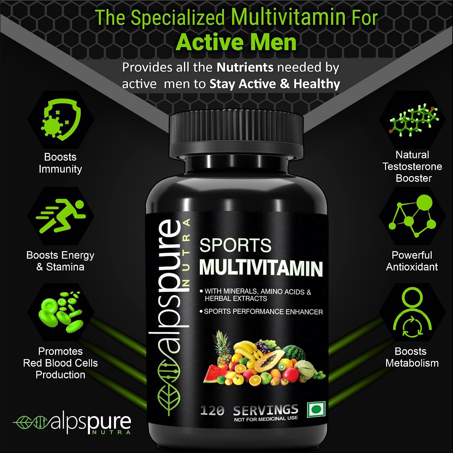 Alpspure Nutra Sports Multivitamin , Sports Performance Enhancer With Minerals, Amino Acids Andherbal Extracts | Essential Nutrients For Energy & Stamina | 120 Capsules , 200gm 0.4lbs