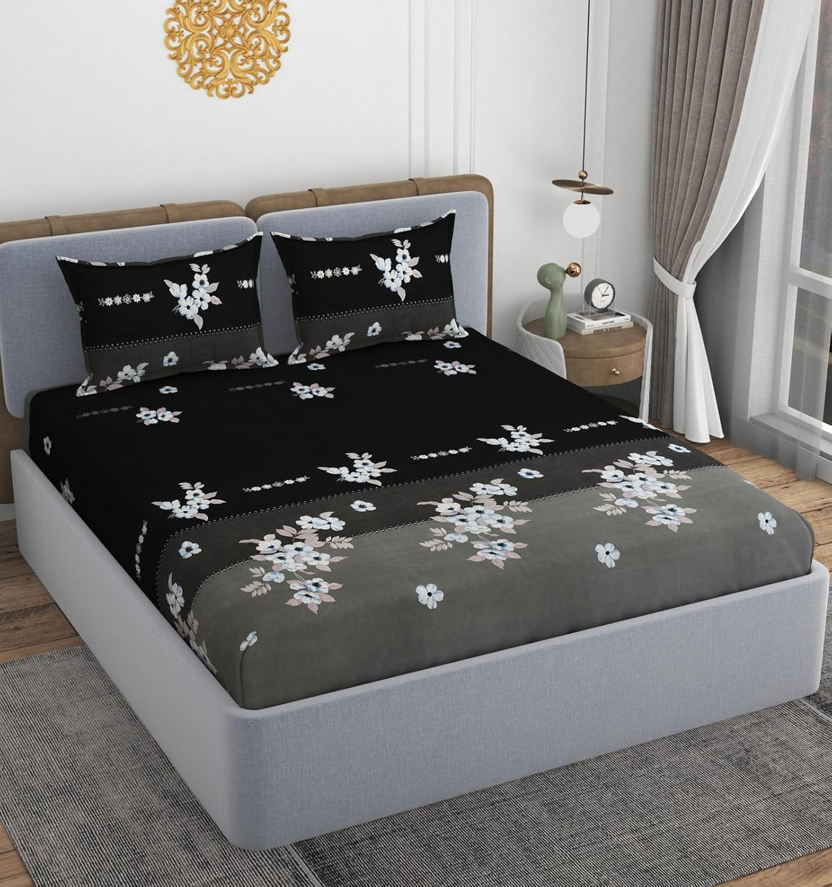 Printed Double Bedsheet With 2 Matching Pillow Covers - 72 X 78 X 10 Inches, Black & Grey | All Around Elastic Fitted King Size Bedsheets | Ideal For Home, Hotel, Bedroom