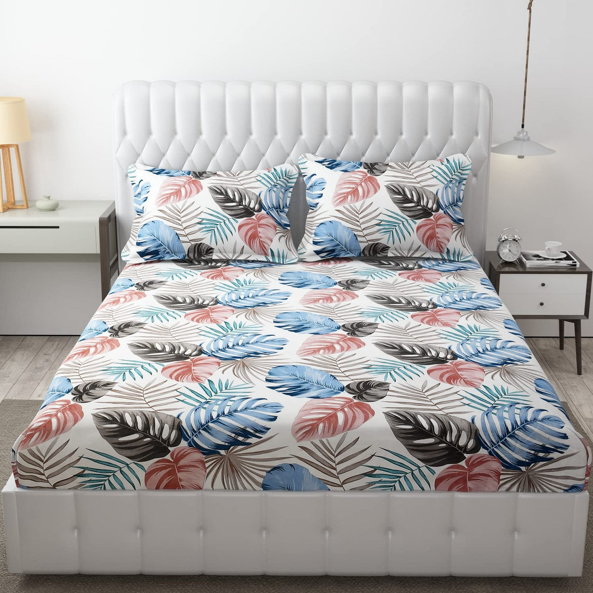 King Size Bedsheet With Two Pillow Cover (Size - 78 X 72 Inches, White & Grey) | Elastic Fitted Floral Bedsheet | Best For Festival Gifting