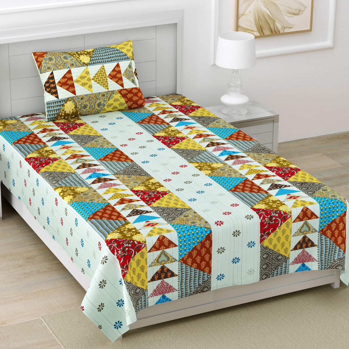 Single Bedsheet Cotton With 1 Pillow Cover, 60 X 90 Inches, Multicolor | Traditional Barmeri Design Printed - Stylish & Comfortable Bedsheets
