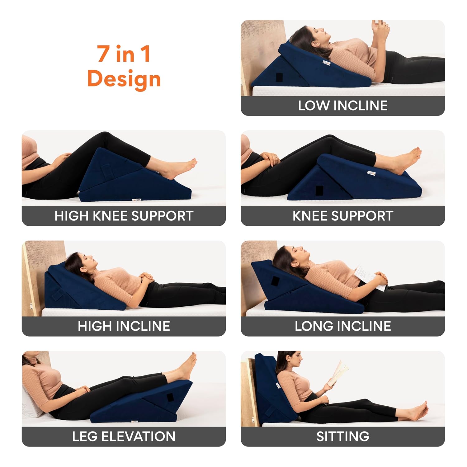 Wedge Pillow For Back Support, Navy Blue, Standard Size - 22 X 22 X 12 Inch | Adjustable Memory Foam Bed Wedge Pillow For Sleeping, Acid Reflux, Gerd, Snoring, Pregnancy, Velvet Cover