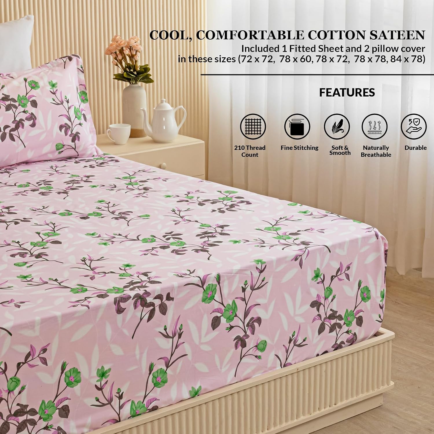 All Around Elastic Fitted Bedsheet For Queen Size With 2 Pillow Covers - 72 X 72 Inches, Lavender & Pink | Soft & Breathable, For Bedroom & Gifting