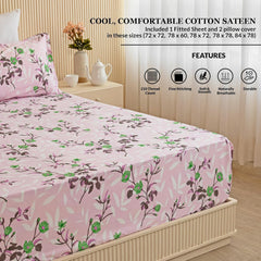 Premium Cotton 210 TC Queen Size Bedsheet With 2 Pillow Cover - 78 X 78 Inches, Lavender & Pink | All Around Elastic Fitted | Super Soft & Breathable