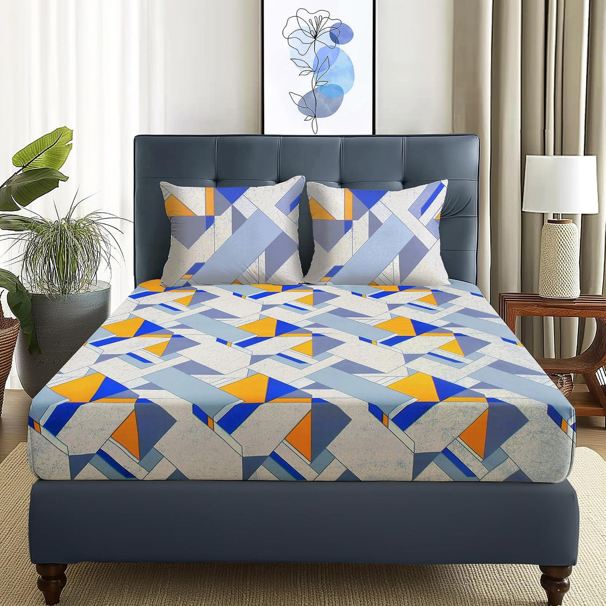 Queen Size Bedsheet With 2 Matching Pillow Covers - 88 X 100 Inches, Yellow & Grey | Breathable & Soft Touch Bedsheet