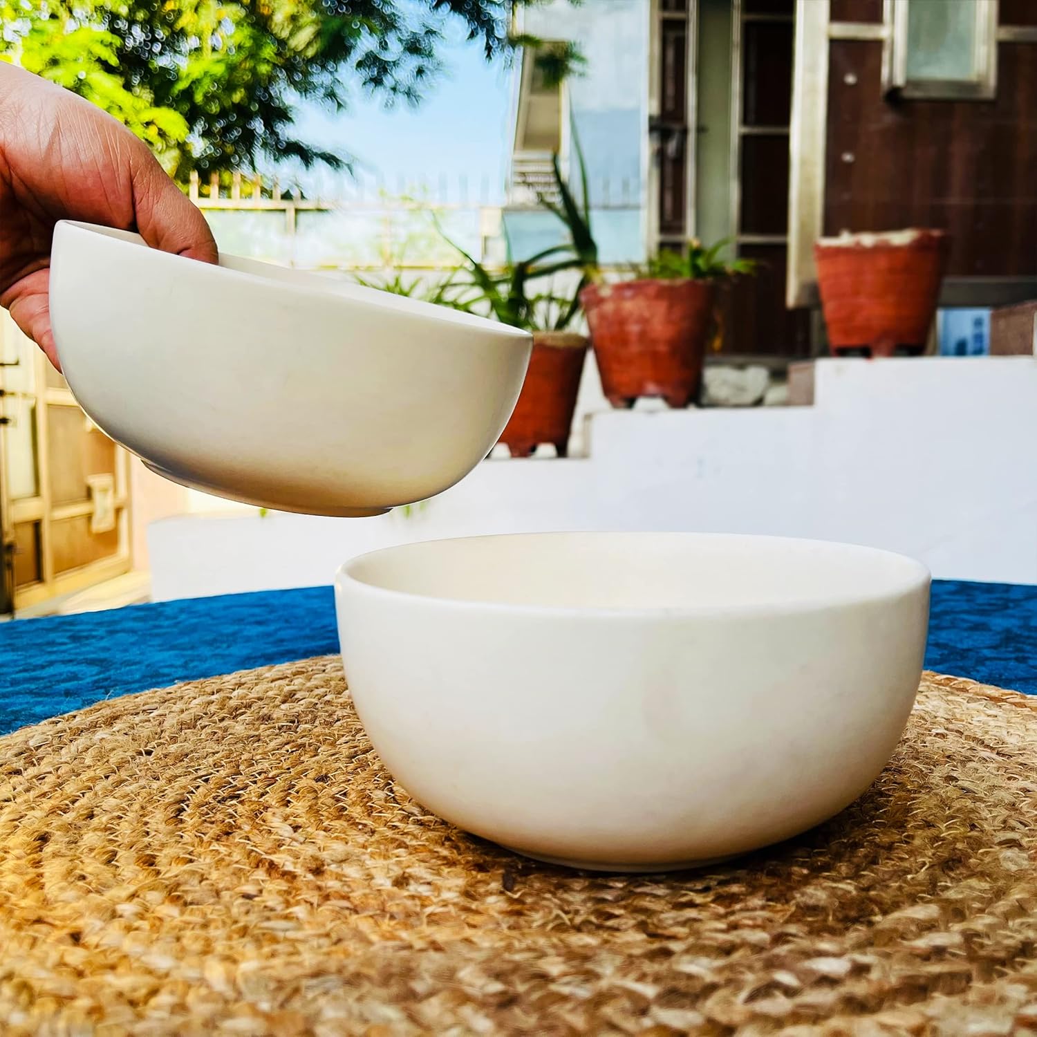 Subhra White Ceramic Serving Bowl Set Of 2 Pieces - 800ml Each | Handcrafted White Matte Finish Large Dining Serving Bowls For Serving | Microwave Safe & Dishwasher Safe