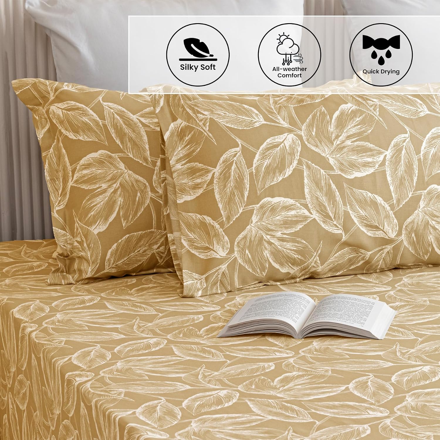 Soft Bedsheets For Queen Size With Two Pillow Cover - 90 X 100 Inches, Golden | Lightweight, Soft, Skin Friendly - Durable Bedsheets For Everyday Comfort