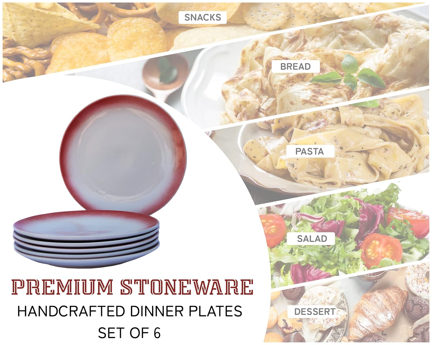 Ceramic Handcrafted Premium Serving Dinner Plates Set Of 6 - 10.6 Inches, Off White & Red | Stoneware - Dinnerware | Scratch Resistant, Microwave & Dishwasher Safe