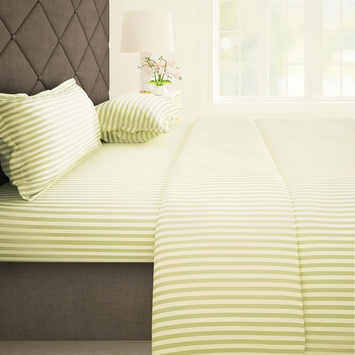 Satin Stripes King Size Cotton Bedsheet With 2 Pillow Covers - 108 X 108 Inches, Off White | Perfect For Home Decor, Guest House | Ideal For All Seasons