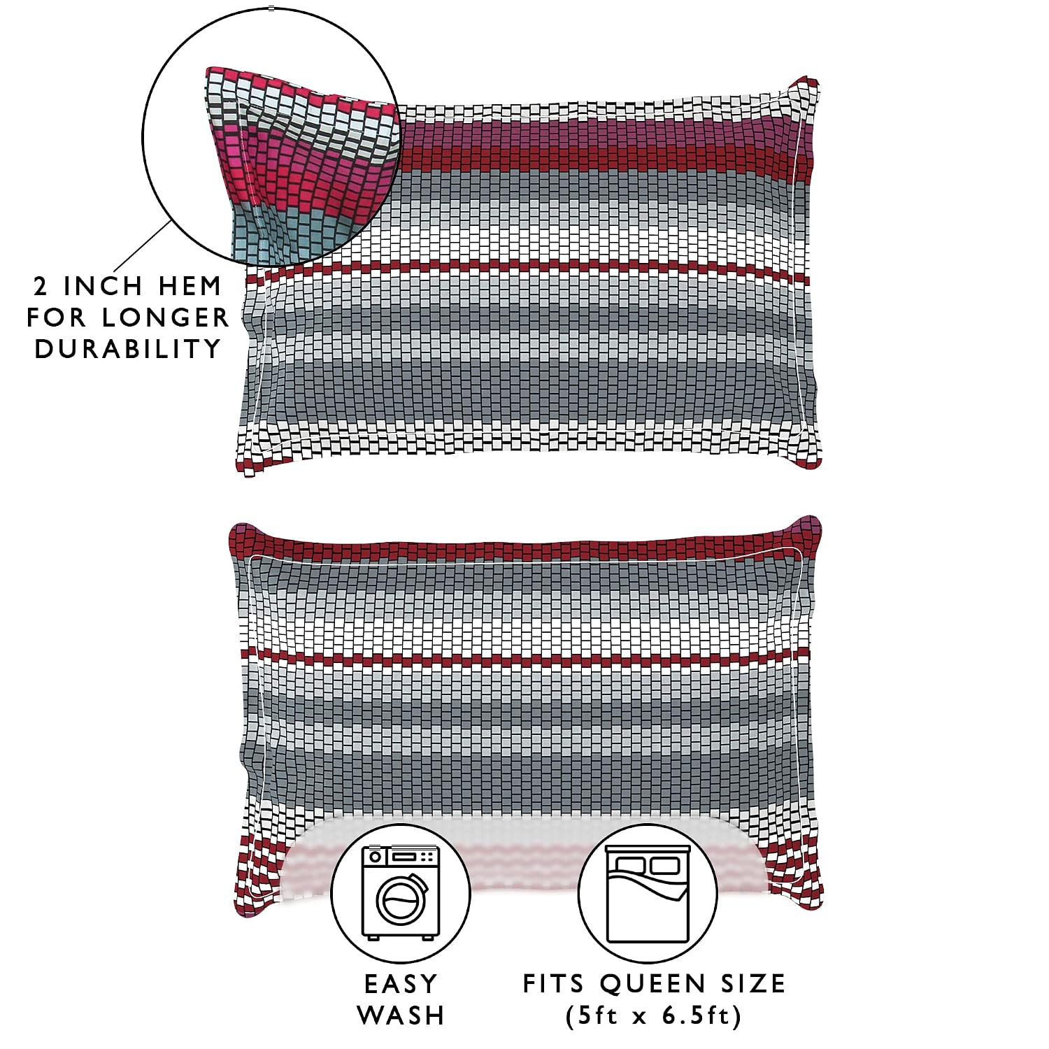 Queen Size Bedsheet With 2 King Size Pillow Covers - 88 X 100 Inches, Grey & Red | Ideal For House, Hotel, Guest Room | Soft & Breathable