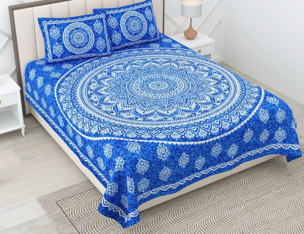 Pure 100% Cotton Double Bed Sheet With 2 Pillow Covers - 90 X 100 Inches, Blue & White | Beautifully Handcrafted Traditional Bedsheets - Skin Friendly Fabric