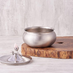 Textured Chrome Stainless Steel Serving Bowl With Lid - Rose Quartz Series | Double-Walled Stainless Steel Pot With Rose Quartz Lid - Medium Dining Table Bowl | Curry, Rice, Sabzi Serving Bowl