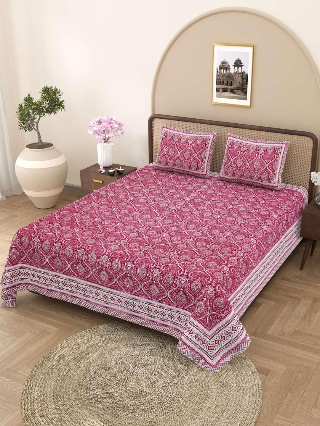 Jaipuri Cotton Bedsheet For King Size With 2 Pillow Covers | 90 X 108 Inches, Wine | Ultra-Soft & Skin-Safe | Breathable Summer Comfort