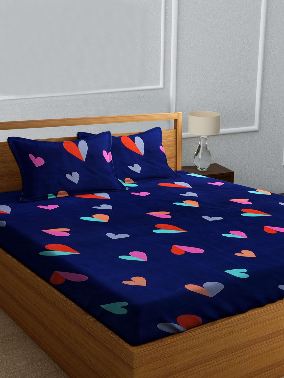 Heart Print Double Bedsheet With 2 Pillow Covers - 86 X 90 Inches, Navy Blue | Soft & Durable Bedding For Bedroom - Lightweight Perfect For All Seasons