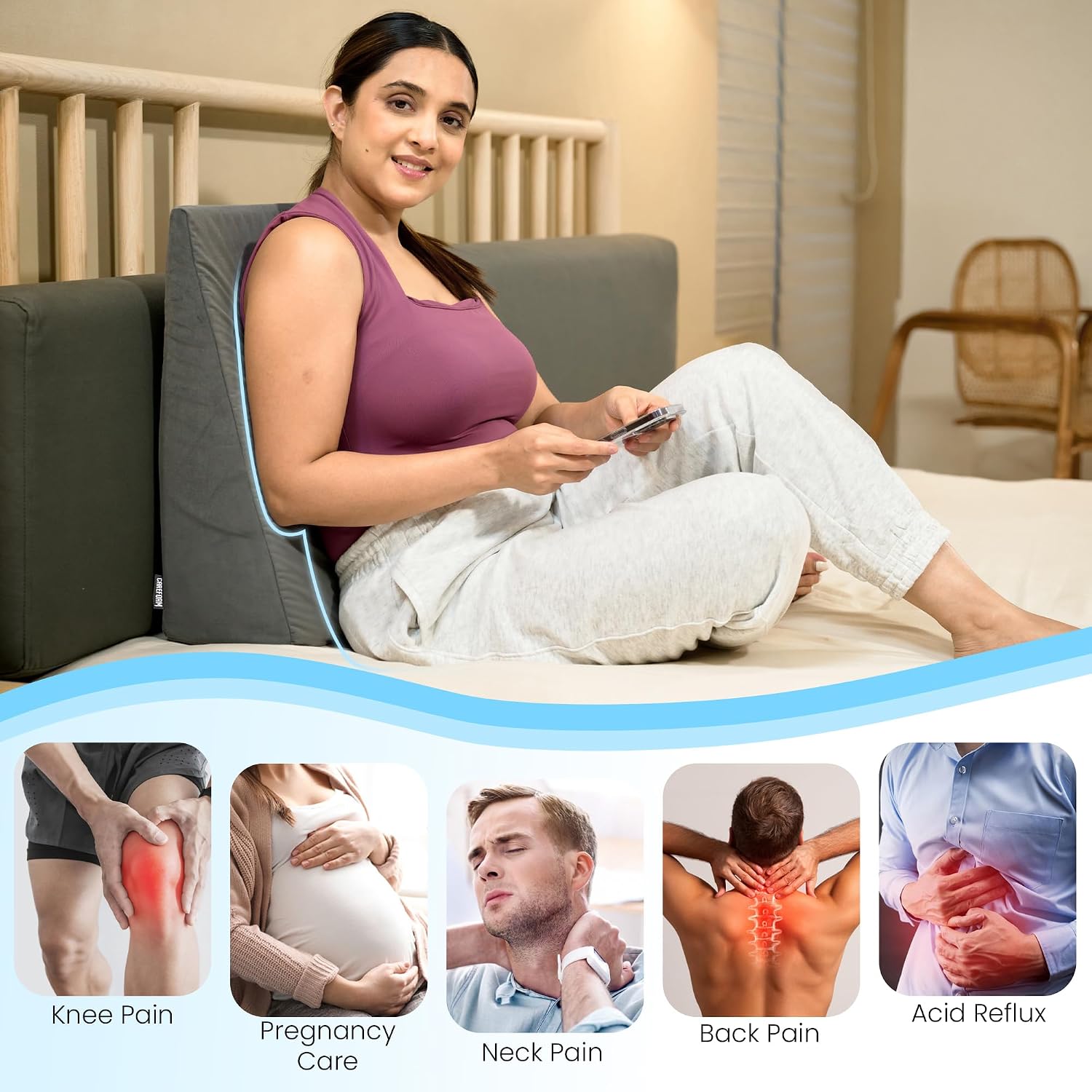 Wedge Pillow Memory Foam For Back Support, Grey, Wedge Medium Size - 20 X 20 X 7 Inch | Wedge Cushion Pillow, Acid Reflux, Snoring, Gerd, Leg Elevation, Pregnancy, Washable Cover