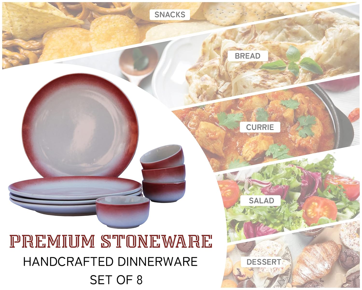 Handcrafted Ceramic Stoneware Dinner Set Of 4 - Ceramic Pack Of 8 Pcs, Red & Off White | 4 Dinner Plates + 4 Bowl Or Katori, 180ml Each - Microwave & Dishwasher Safe | Serving For 4