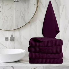 Enchant Home Pure Cotton Waffle Towel 500 Gsm | Lightweight Anti-Microbial & Water Absorbent Soft Touch Quick Drying Hand Towels | Wine (Pack Of 4)