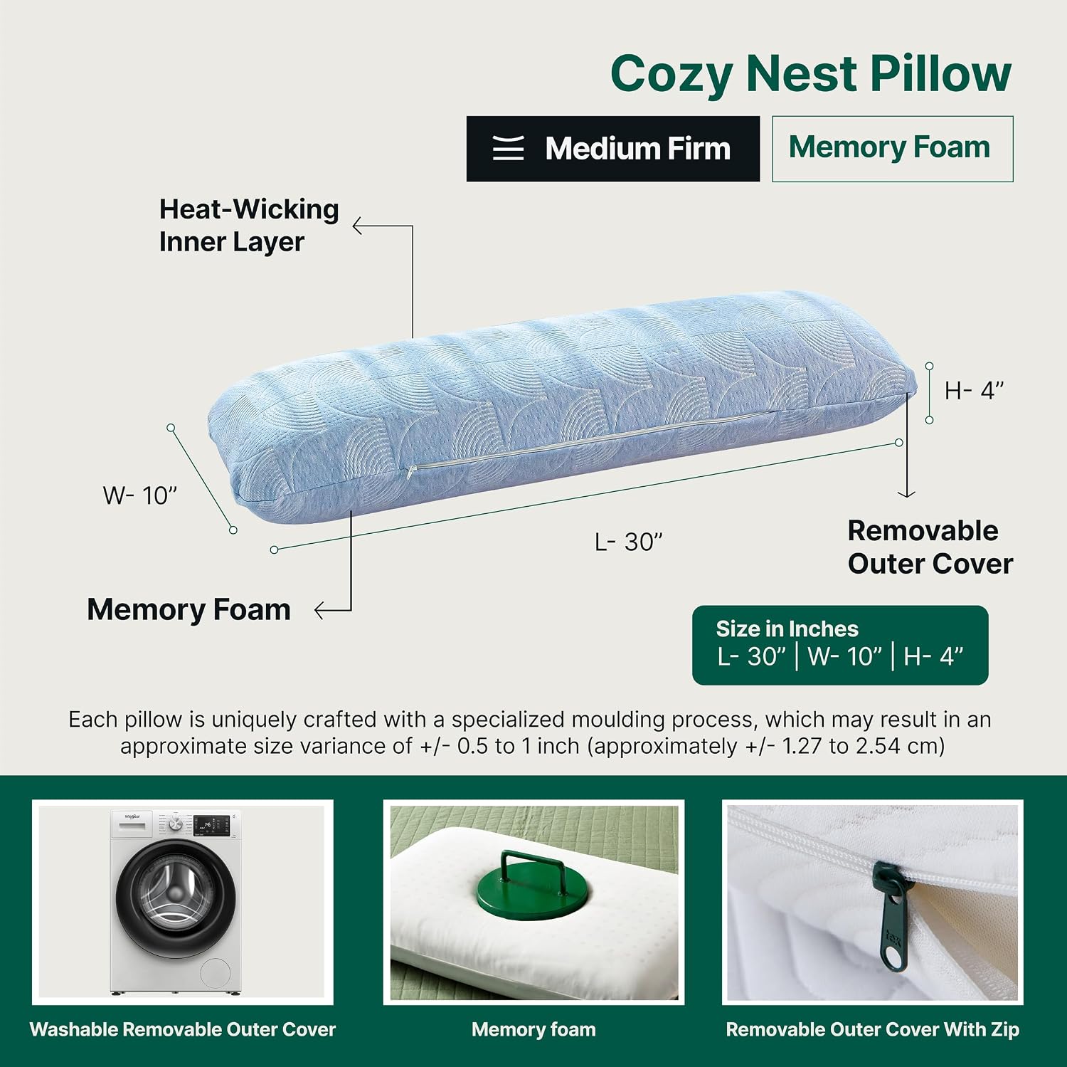 Short Body Pillow, Memory Foam Pillow For Sleeping, Soft Bed Pillow, Sky-Blue - 10 W X 30 L Inch | Hug Pillow Insert For Sleeping & Side Sleeper | Zipper Cover, Multipurpose & Versatile Use
