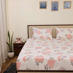 Microfiber Bedsheet For Single Bed With 2 Pillow Covers Breathable - Size 68 X 90 Inch, White & Blush Petals | 186 Thread Count - Floral Design Single Bed Sheet