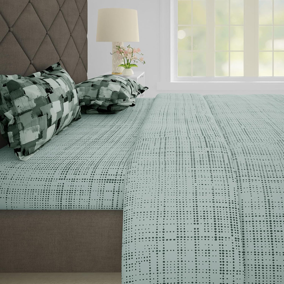 Bedsheets For Double Bed With 2 Pillow Covers - 88 X 100 Inches, Grey & Green | Ideal For Home Decor, Guest Home, Hotel