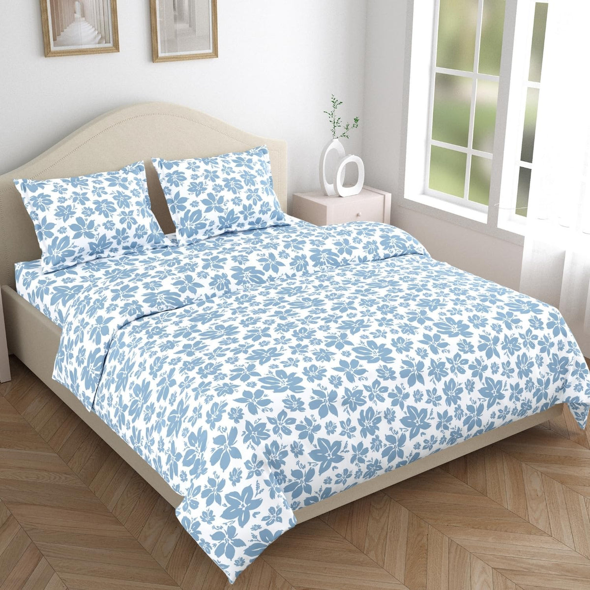 Bedsheet King Size 100% Pure Cotton Floral Sheet With 2 Pillow Covers | 108 X 108 Inches, Sky Blue & White | Perfect For Gifting On Weddings, Housewarmings, Or Anniversaries