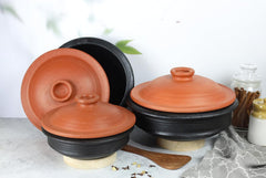 Deep Burned Uncoated Clay Pot Or Mitti Handi With Lid Combo + 2 Wooden Spatulas Complimentary Pack Of 3 - Black, 1+2+3 Liters | Pre-Seasoned Mud Pot - Unglazed, Double Fired, Hand Crafted