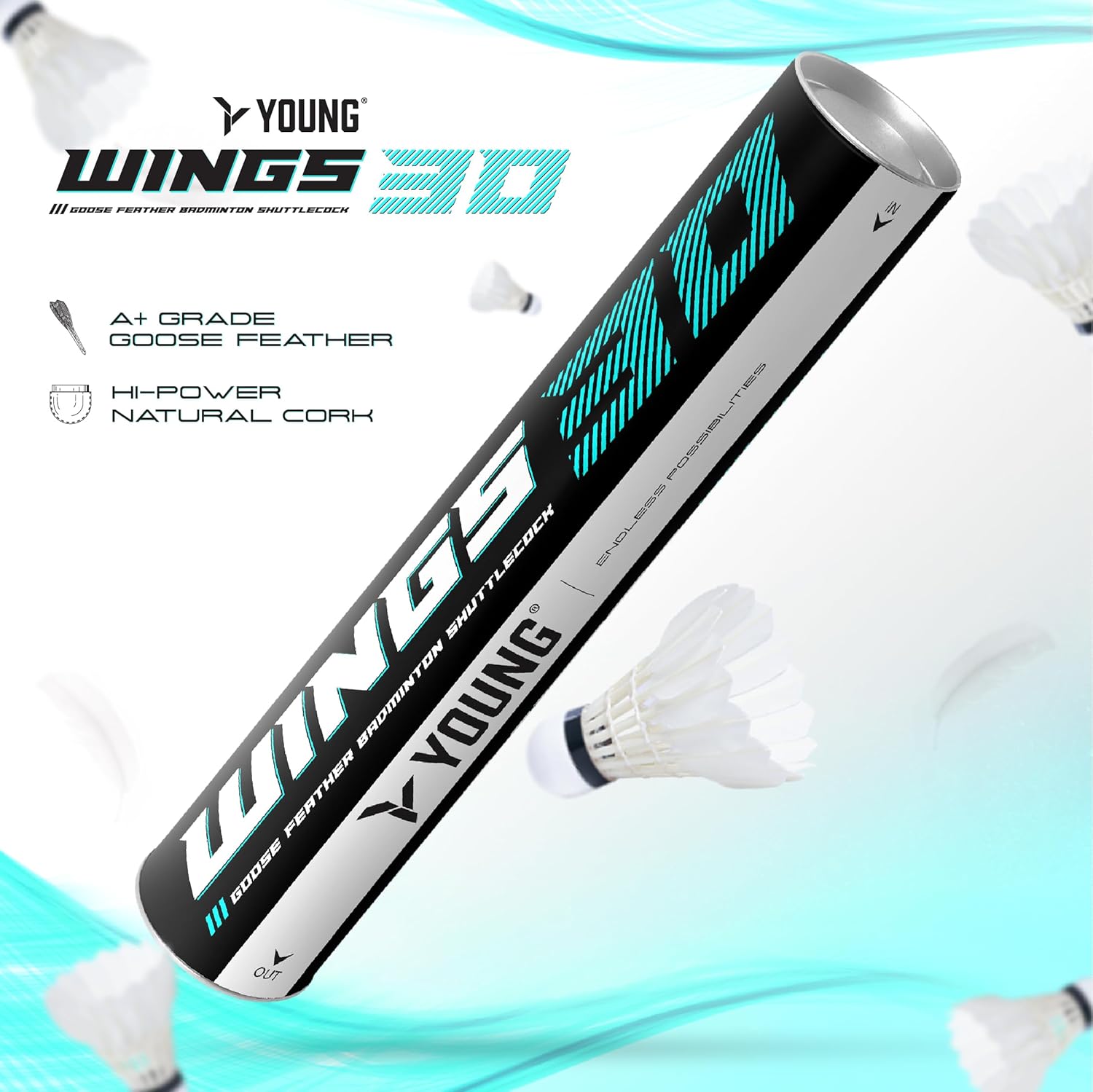 Young Wings 30 Goose Feather Badminton Shuttlecock (A+ Grade) Tournament Grade Professional Feather Shuttlecock | Hi-Dura Natural Cork | Suitable for Professionals , Speed 76 | Pack Of 1